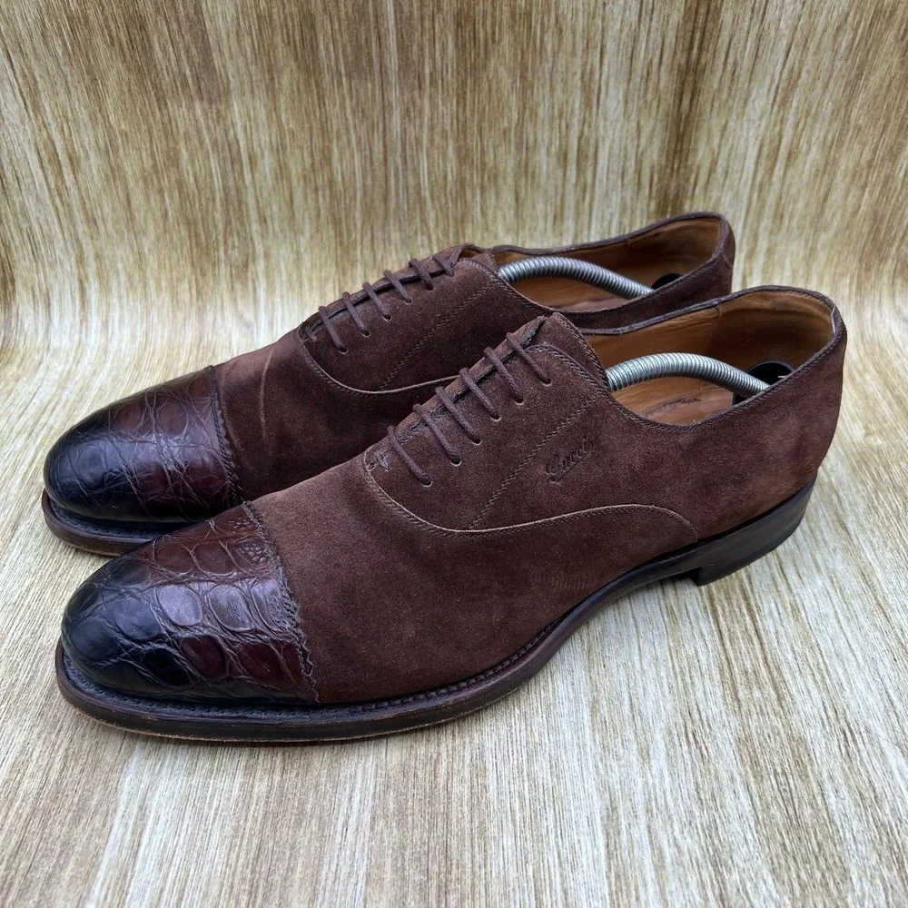 Gucci Crocodile Cap Toe Oxfords Men's Size 10 Brown Suede Made In Italy